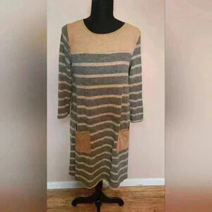 Moa Moa Sweater Dress Sz Medium Tan/Grey Striped Tan Suede Pockets Casual Flare